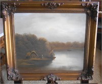 ANTIQUE OIL PAINTING OF ENGLISH LAKESIDE