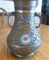 ANTIQUE HAND PAINTED CHAMPLEVE/CLOISONNE VASE/URN