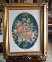 VINTAGE LARGE FRAMED FRUIT TAPESTRY. ORNATE.