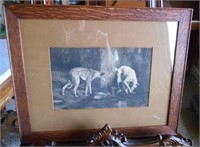 PRINT OF GREYHOUNDS/WHIPPETS IN OAK FRAME