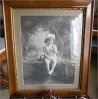 ANTIQUE PRINT OF BOY FISHING IN OLD FRAME