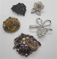 5 VINTAGE RHINESTONE BROOCHES