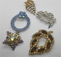 5 VINTAGE RHINESTONE BROOCHES