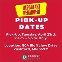 Pick-Up, Tuesday, April 23rd: 9 a.m. - 5 p.m. Only