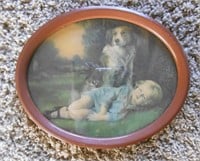 ANTIQUE PRINT "THE GUARDIAN" IN METAL OVAL FRAME