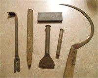 ANTIQUE TOOLS - SICKLE, PRY BAR, SPIKES