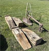 (2) PAIRS WOOD CAR RAMPS, HOMEMADE PLOW