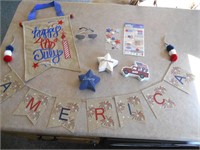 4TH OF JULY DECORATIONS - BANNERS, WOOD FIGURES +