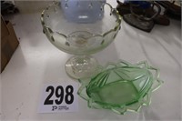 Green Glass Dish (Cracked) & Glass Compote(Shed)
