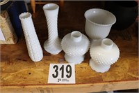 Milk Glass Vases, Shades & Pedestal Dish(Shed)