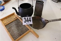 Cast Iron Tea Pot, Grater, Wash Board &