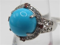 .925 Sterling Silver Turquoise, Garnet Zircon Ring