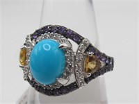 .925 Sterling Silver Turquoise and Multigem Ring