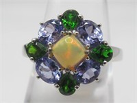 .925 Sterling Silver Opal, Tanz, Diopside Ring