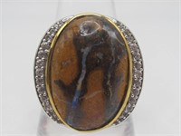 .925 SS Boulder Opal & White Zircon Ring