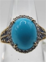 14K YG Turquoise, Blue Sapphire & Diamond Ring