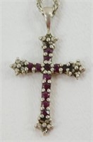 Vintage Sterling Silver Ruby Cross Pendant