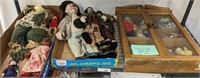 DOLLS, ACCESSORIES, CURIO CABINET