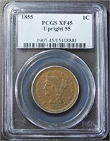 1855 UPRIGHT 55 LARGE CENT PCGS XF-45