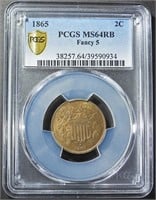 1865 FANCY 5 2-CENT PIECE PCGS MS-64 RB