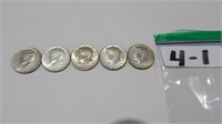 5) Kennedy Half Dollars, 1965, 66, 67 No Mint +