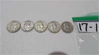 5) Franklin Half Dollars 1950 1951,52,54,57, +