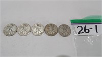 5) Walking Liberty Half Dollars, 1941, 43, 44, +