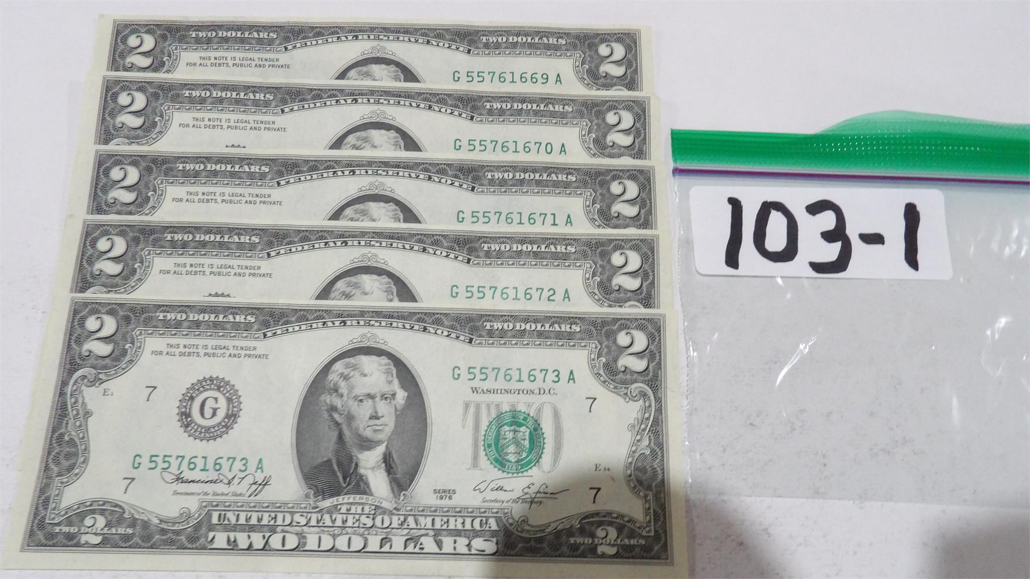 5) 1976 Two Dollar Bills Sequential Serial Numbers