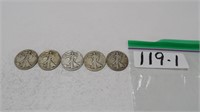 5) Walking Liberty Half Dollars, 2)1934 No Mint, +