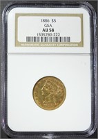 1886 $5 GOLD LIBERTY NGC AU-58 GSA