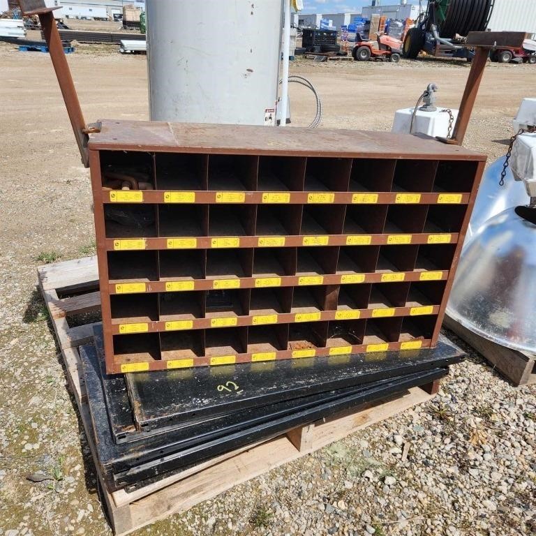 Bolt bin 35"× 12"× 22" & Metal shelves