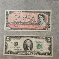 1954 Canadian 2 dollar bill & USA 1976 dollar