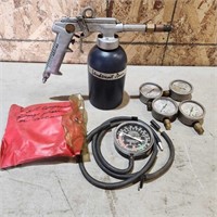 Pressure/vacuum gauge, oil spray gun, gauges