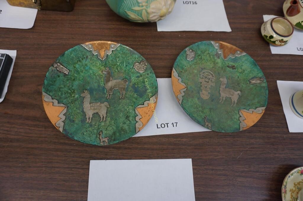 2-Peruian copper plates with silver Llama & people
