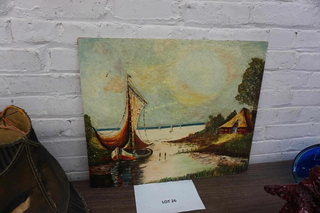 old original oil painting on board of saling ships