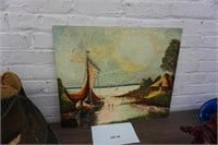 old original oil painting on board of saling ships