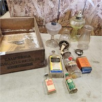 wooden crate w oil lamp parts