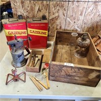 Metal gas cans, blow torch, oil lamp, wooden box