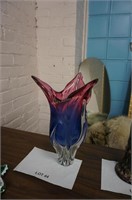 1960's art glass vase, unsigned, cranberry, blue &