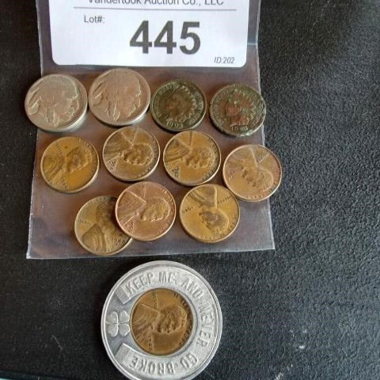 2 Buffalo Nickles, 2 Indian Head Pennies &