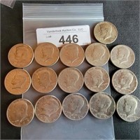 16 Kennedy Half Dollars - 1971 thru 1973, 1 - 1969