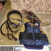 Leather Bridle, riding vest, etc