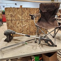 Electric Trimmer, lawn chair, rake