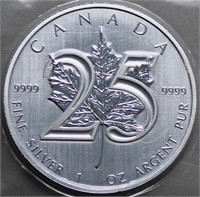 Canada $5 2012 25th Anniv. Silver Maple Leaf Bulli