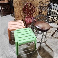 Plant stand, bar stool, patio tables, metal