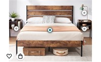 VECELO Platform Queen Bed Frame with Rustic
