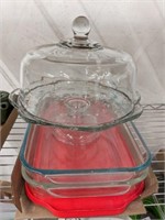 FOOTED GLASS CAKE PLATE, BAKING DISHES