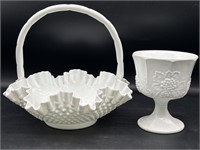 Fenton Milk Glass Hobnail Basket and Compote 
-