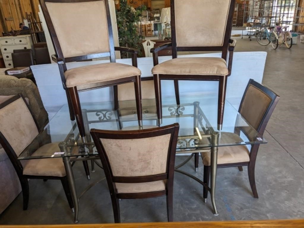 METAL BASE BEVELED GLASS TOP DINING TABLE,