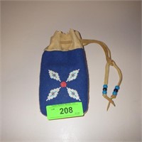 LEATHER & SEED BEAD AMERICAN INDIAN DRAWSTRING>>>